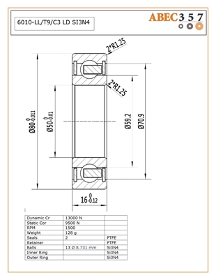 6010-LL/T9/C3 LD SI3N4, 50x80x16 MM, ABEC357, Full Ceramic, Silicon Nitride Si3N4 Inner/Outer/Balls, PTFE Retainer, PTFE Seals, C3 Fit, Lube Dry.