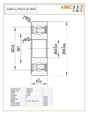 6200-LL/T9/C3 LD ZRO2, 10x30x9 mm, KIT8920, ABEC357, Full Ceramic, Zirconia ZrO2 Inner/Outer/Balls, PTFE Retainer, PTFE Seals, C3 Fit, Lube Dry.