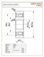 6201-LL/T9/C3 LD ZRO2, 12x32x10 MM, KIT8921, 6201-2RS-ZR02-ZR02-PTFE-30, Full Ceramic, Zirconia ZrO2 Inner/Outer/Balls, PTFE Retainer, PTFE Seals, C3 Fit, Lube Dry.