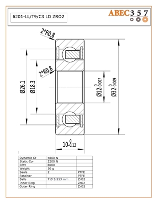 6201-LL/T9/C3 LD ZRO2, 12x32x10 MM, KIT8921, 6201-2RS-ZR02-ZR02-PTFE-30, Full Ceramic, Zirconia ZrO2 Inner/Outer/Balls, PTFE Retainer, PTFE Seals, C3 Fit, Lube Dry.