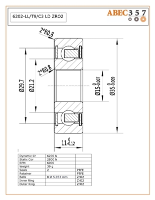 6202-LL/T9/C3 LD ZRO2, 15x35x11 MM, KIT8922, ABEC357, Full Ceramic, Zirconia ZrO2 Inner/Outer/Balls, PTFE Retainer, PTFE Seals, C3 Fit, Lube Dry.