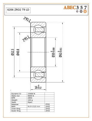 6206 ZRO2 T9 LD, 30x62x16 mm, 6206ZR02-ZR02-PTFE-4, ABEC357, Full Ceramic, Zirconia ZrO2 Inner/Outer/Balls, PTFE Retainer, Open, Lube Dry.