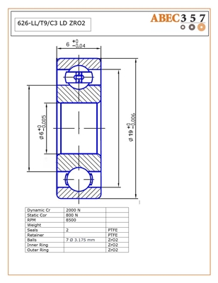 626-LL/T9/C3 LD ZRO2, 6x19x6 MM, FULL-626-2RS-CERAMIC-ZR02-30, ABEC357, Full Ceramic, Zirconia ZrO2 Inner/Outer/Balls, PTFE Retainer, PTFE Seals, C3 Fit, Lube Dry.