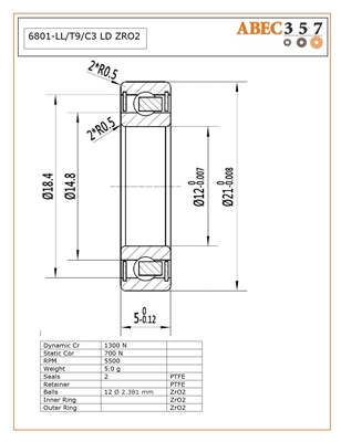 6801-LL/T9/C3 LD ZRO2, 12x21x5 mm, KIT16225, 6801-2RS Sealed full ceramic, ABEC357, Full Ceramic, Zirconia ZrO2 Inner/Outer/Balls, PTFE Retainer, PTFE Seals, C3 Fit, Lube Dry.