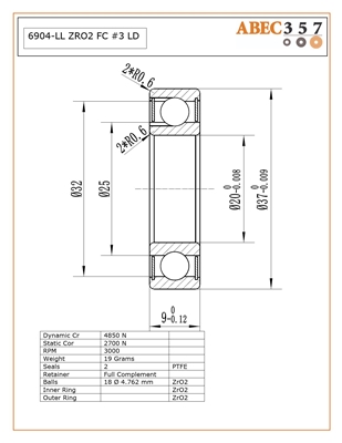 6904-LL ZRO2 FC #3 LD 20x37x9 mm, ABEC357, Full Ceramic, Zirconia ZrO2 Inner/Outer, ZrO2 Grade 5 Balls, 2 PTFE Seals, Full Complement, ABEC #3, Lube Dry.