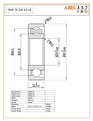 7005 TP Z/S #5 LD, 25x47x12 mm, 7005 ZRO2/C3 FC LD, ABEC357, Angular Contact Full Ceramic, Zirconia ZrO2 Inner/Outer, Grade 5 Si3N4 Ceramic Balls, Peek Retainer, 15 degree contact angle, Light Preload, Open, ABEC #5, Lube Dry.