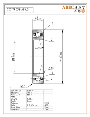 707 TP Z/S #5 LD, 7x19x6 mm, 707 Z/S TP LD, ABEC357, Angular Contact Full Ceramic, Industrial Full Ceramic Bearing, Open, Zirconia ZrO2 races, Grade 5 Si3N4 Ceramic Balls, Peek Retainer, 15 degree contact angle, Light Preload, ABEC #5, Lube Dry.