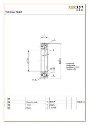 708 SI3N4 FC LD, 8x22x7 mm, ABEC357, Full Ceramic Angular Contact, Silicon Nitride Si3N4 Inner/Outer/Balls, Full Complement, Open, Lube Dry.