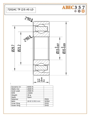 7202AC TP Z/S A5 LD, 15x35x11 mm, ABEC357, Full Ceramic Angular Contact, Open, Zirconia ZrO2 races, Grade 5 Si3N4 Ceramic Balls, Peek Retainer, ABEC #5, Lube Dry.