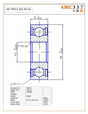 83 TP/C3 Z/S #5 LD, 3x8x3 mm, Kit 12321, ABEC357, Full Ceramic, Open, Zirconia ZrO2 races, Grade 5 Si3N4 Ceramic Balls, Peek Retainer, C3 Fit, ABEC #5, Lube Dry.