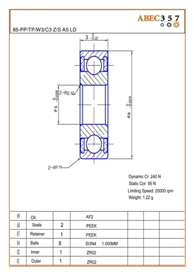 85-PP/TP/W3/C3 Z/S A5 LD, 5x8x3 mm, 85-PP/TP/W3/C3 Z/S #5 AF2, ABEC357, Full Ceramic, Zirconia ZrO2 Inner/Outer, Grade 5 Si3N4 Ceramic Balls, Peek Retainer, Peek Seals, C3 Fit, ABEC #5, Lube Dry.