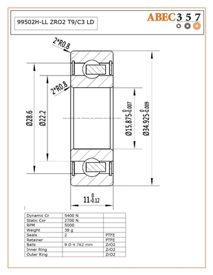 5/8"x1-3/8"x7/16", 99502H-LL ZRO2 T9/C3 LD, KIT8412, Kit8413, Kit8413_1, ABEC357, Full Ceramic Bearings, Zirconia ZRO2 Inner/Outer/Balls, PTFE Retainer, PTFE Seals, C3 Fit, Lube Dry.