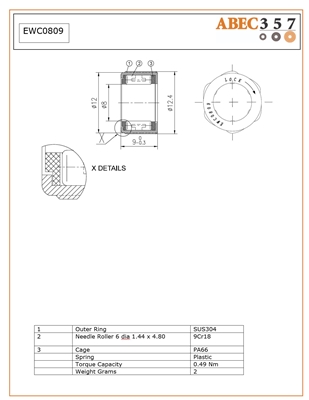 EWC0809, 8x12/12.4x9 MM, Backstop Clutch, ABEC357, One Way Hexed Head Bearing, One Way Bearing, Anti-Reverse Bearing, Instant Anti-Reverse One Way Roller Clutch Bearing.