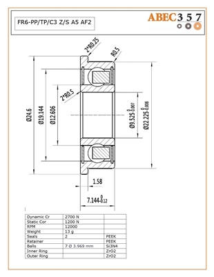 FR6-PP/TP/C3 Z/S #5 AF2, 3/8"x7/8"x9/32", 0.3750x0.8750x0.2812 in, ABEC357, Full Ceramic, Flanged, Zirconia ZrO2 Inner/Outer, Grade 5 Si3N4 Ceramic Balls, Peek Retainer, Peek Seals, C3 Fit, ABEC #5, AF2 Oil Lube.
