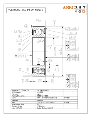 HCB7000C-2RS P4 DF NBU15, 10x26x8 mm, Single Row Angular Contact Ceramic Hybrid Bearing, Duplex Set, DF arrangement, Light Preload, Steel Races, Grade 5 Si3N4 Balls, Phenolic retainer, 1 Outboard NBR seal fitted, Kluber Isoflex NBU 15 grease, P4 Precision