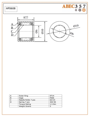 6x10x8 mm, HF0608, One Way Bearing, ABEC357.