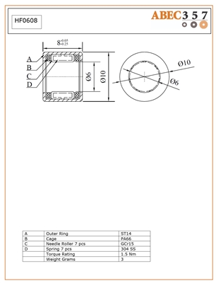 6x10x8 mm, HF0608, Industrial one way bearings, One Way Bearing, ABEC357.