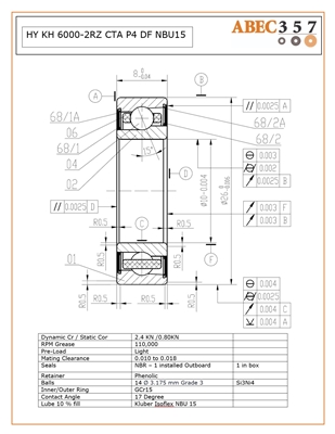 HY KH 6000-2RZ CTA P4 DF NBU15, 10x26x8 mm, Single Row Angular Contact Ceramic Hybrid Bearing, Duplex Set, DF arrangement.