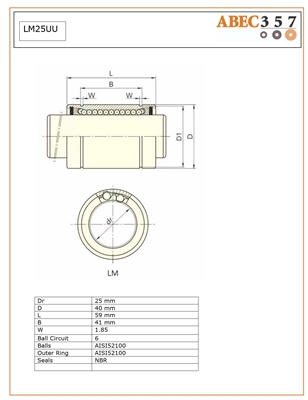 25x40x59 mm LM25UU, Ball Circuit 6, Linear Motion Bearing for Industrial Applications.