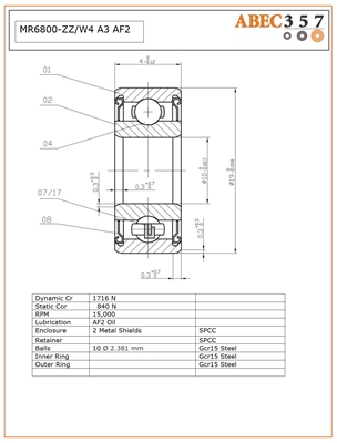 10x19x4 mm, MR6800-ZZ/W4 A3 AF2, Chrome Steel Bearing.