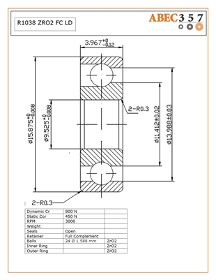 R1038 ZRO2 FC LD, â€‹3/8"x5/8"x5/32"â€‹, 0.3750x0.6250x0.1562 in, ABEC357, â€‹ Full Ceramic, Zirconia ZrO2 Inner/Outer/Balls, Full Complement, Open, Lube Dry.