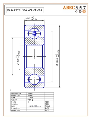 R1212-PP/TP/C3 Z/S #5 AF2, 1/2"x3/4"x5/32", 0.5000x0.7500x0.1562 in, KIT8445, ABEC357, Industrial Full Ceramic Bearing, Full Ceramic, Zirconia ZrO2 Inner/Outer, Grade 5 Si3N4 Ceramic Balls, Peek Retainer, Peek Seals, C3 Fit, ABEC #5, AF2 Oil Lube.