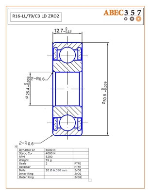 R16-LL/T9/C3 LD ZRO2, KIT15233, 1"x2"x1/2", 1.000x2.000x0.5000 in, ABEC357, Full Ceramic.