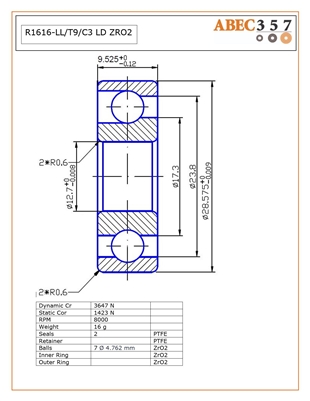 R1616-LL/T9/C3 LD ZRO2, 1/2"x1-1/8"x3/8", 0.5000x1.1250x0.3750 in, Full Ceramic Bearing, ABEC357.