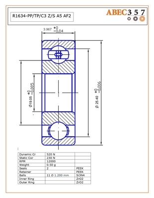 R1634-PP/TP/C3 Z/S #5 AF2, 3/4" x 1" x 5/32", 0.7500x1.000x.1562 in, KIT8425, ABEC357, Full Ceramic, Zirconia ZrO2 Inner/Outer, Grade 5 Si3N4 Ceramic Balls, Peek Retainer, Peek Seals, C3 Fit, ABEC #5, AF2 Oil lube.