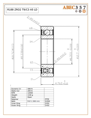 R188 ZRO2 T9/C3 A5 LD, 1/4"x1/2"x3/16", KIT8423, 0.2500x0.5000x0.1875 IN, Fidget Spinner Bearing, ABEC357, Full Ceramic, KIT7537, Zirconia ZrO2 Inner / Outer, Grade 5 Si3N4 Ceramic Balls, PTFE retainer, Open, C3 Fit, ABEC #5, Lube Dry.