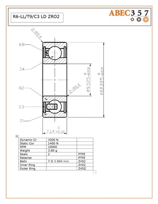 R6-LL/T9/C3 LD ZRO2, 3/8"x7/8"x9/32", 0.3750x0.8750x0.2812 IN, KIT8261, ABEC357, Full Ceramic , Zirconia ZRO2 Inner/Outer/Balls, PTFE Retainer, PTFE Seals, C3 Fit, Lube Dry.