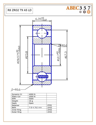 R8 ZRO2 T9 A5 LD, 1/2"x1-1/8"x1/4", 0.5000x1.1250x0.2500 IN, KIT9968, ABEC357, Ceramic, Zirconia ZrO2 Inner/Outer/Balls, PTFE retainer, Open, C0 Fit, ABEC #5, Lube Dry.