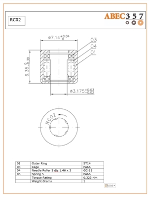 RC02, 1/8"x9/32"x1/4", One Way Bearing, 0.1250x0.2810x0.2500, Torrington RC-02, Consolidated  RC-1/8, ABEC357.