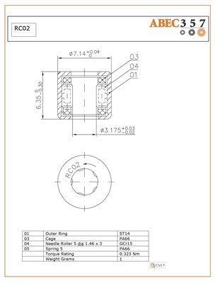 RC02, 1/8"x9/32"x1/4", One Way Bearing, 0.1250x0.2810x0.2500, Torrington RC-02, Consolidated  RC-1/8, ABEC357, Industrial one way bearings.