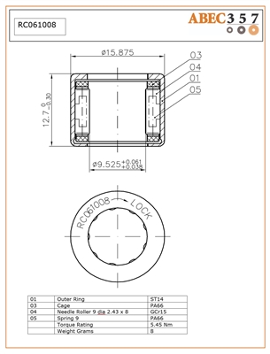 3/8"x5/8"x1/2", 0.3750x0.6250x0.5000, RC-061008, Inch, One Way Bearings, INA HFZ 061008, Torrington RC-061008, Consolidated  RC-3/8, ABEC357.