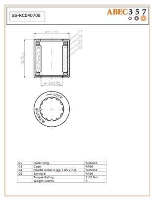 SS-RC040708, 1/4"x7/16"x1/2", .2500x.4375x.5000 in, S-RC040708(X), HFZ-040708-SS, HFZ040708, RC-040708FS, RC040708 FS(X), Stainless Steel One Way Needle Clutch Bearing, Steel rings / needle rollers, Polyamide 66 retainer, Steel Springs, Open.