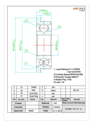 SFR188C P25 A7 LD, 1/4"x1/2"x3/16F", Fidget Spinner Bearings, 0.2500x0.5000x0.1875F in, ABEC357, 440C stainless steel races, Flanged, Ceramic Si3N4 Grade 5 balls, Stainless steel retainer, Open, Radial Play P25, ABEC #7, Lube Dry.