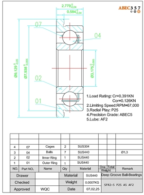 1/8x5/16x7/64", SFR2-5 P25 A5 AF2, ABEC357, SFR2-5 AF2, SSRIFW518, Stainless Steel ABEC 5 Metal Shielded Flanged Bearing.