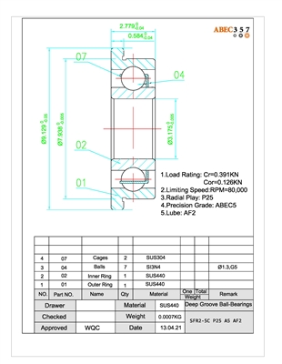 1/8x5/16x7/64", SFR2-5C P25 A5 AF2, ABEC357, SR2-5C #3 LD, SSRIFW518, KIT14103, Ceramic Hybrid Flange ABEC 5 Open Bearing,