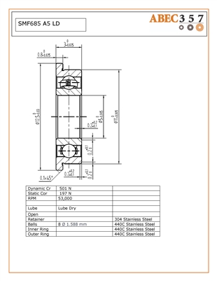 5x11x3 mm SMF685 A5 LD, Flanged, ABEC #5, Open, Stainless Steel ABEC 5 Open Flanged Bearing, ABEC357.