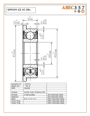 9x20x6F mm SMF699-ZZ A5 SRL, Stainless Steel ABEC 5 Metal Shielded Flanged Bearing, ABEC357.