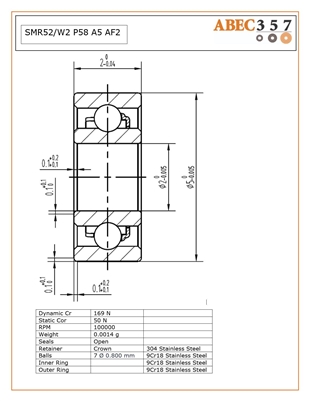 2x5x2 mm, SMR52/W2 P58 A5 AF2, Stainless Steel ABEC 5 Open Bearing.