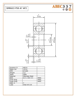S603, SMR603 P58 A7 AF2, 3x9x3 mm, Stainless Steel ABEC 7 Open Bearing, Ambassadeur Stx 5601.