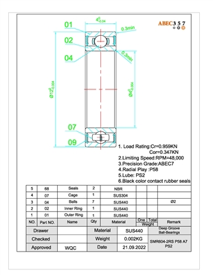 4x12x4 mm, SMR604-2RS/P58 A7 PS2 , S604-2RS, SMR604-2RSC HG2, W604-2RS1, SMR604C-ZZ #3 MG2, Stainless Steel ABEC 7 Rubber Sealed Bearing.