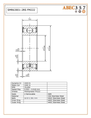 12x21x7 mm, SMR63801-2RS FM222 , S63801-2RS, Food Grade Grease FM222, Stainless steel industrial bearings, Food Grade Stainless steel Ball Bearing.