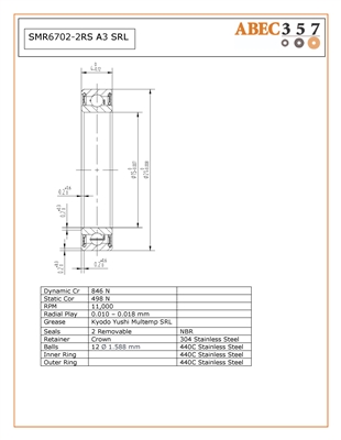 15x21x4 mm, SMR6702-2RS A3 SRL , CRBB-2115ZZ, S6702-2RS, SMR6702-2RS SRL, SMR6702-2RSC #3 PS2, S6702ZZ-FOOD, â€‹stainless steel industrial bearings, Stainless Steel ABEC 3 Rubber Sealed Bearing.