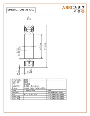 12x21x5 mm, SMR6801-2RS A5 SRL, stainless steel industrial bearings, S6801-2RS, S A-RB-2112ZZ, SHG-2112ZZ, W63801-2RS, S61801-2RSR-HLC,  SMR6801-2RS SRL, Stainless Steel ABEC 5 Rubber Sealed Bearing