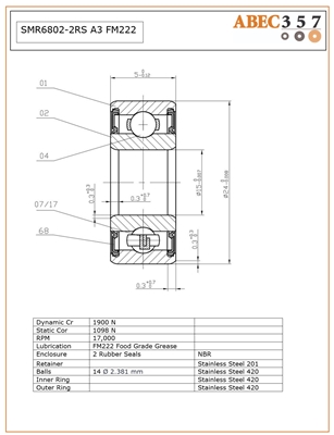 15x24x5 mm, SMR6802-2RS A3 FM222, Stainless Steel ABEC 3 Rubber Sealed Bearing, Food Grade Stainless Steel Ball Bearing, food processing machinery.