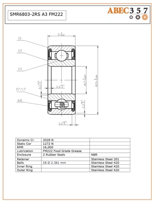 17x26x5 mm, SMR6803-2RS A3 FM222, Stainless Steel Bearing, 2 Rubber Seals, ABEC #3, Food Grade Stainless Steel Ball Bearing.
