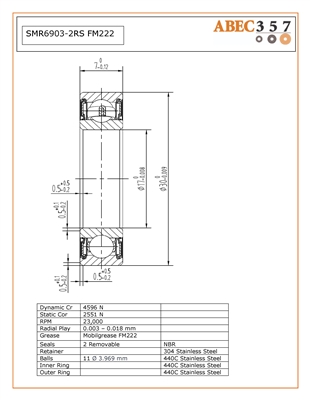 17x30x7 mm, SMR6903-2RS FM222 , S6903-2RS, Food Grade Grease FM222.